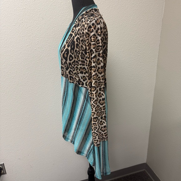 Crazy Train Leopard Serape Cardigan L Teal Western Boho Duster Open Front - Picture 3 of 7